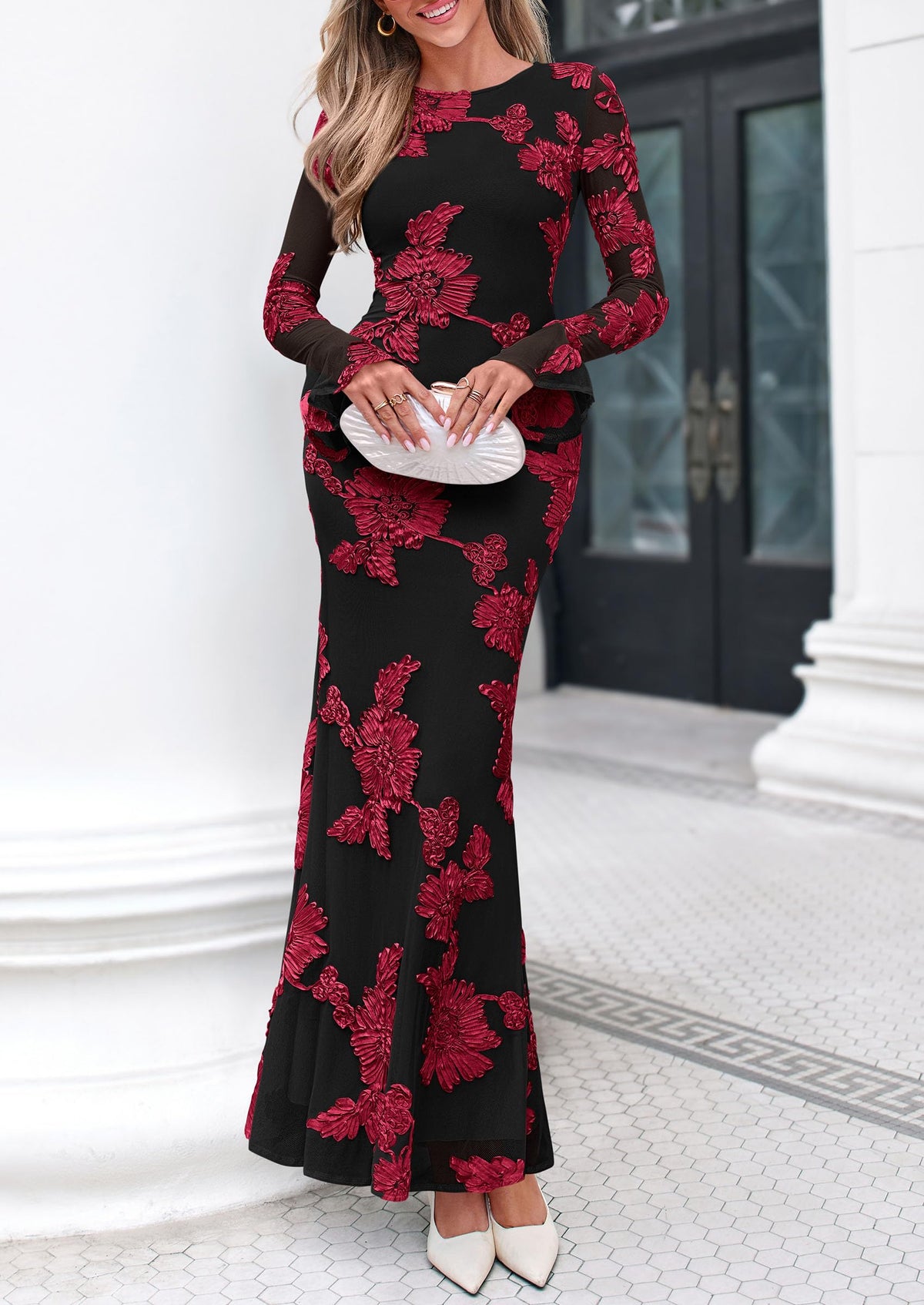 PRETTYGARDEN Women's Formal Floral Maxi Bodycon Dresses  Ruffle Long Sleeve, Fall Winter Outfits 2026 for Wedding Guest, Homecoming & Cocktail, Slimming Mesh Dress with Lining