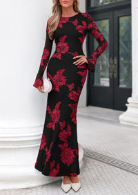 PRETTYGARDEN Women's Formal Floral Maxi Bodycon Dresses  Ruffle Long Sleeve, Fall Winter Outfits 2026 for Wedding Guest, Homecoming & Cocktail, Slimming Mesh Dress with Lining