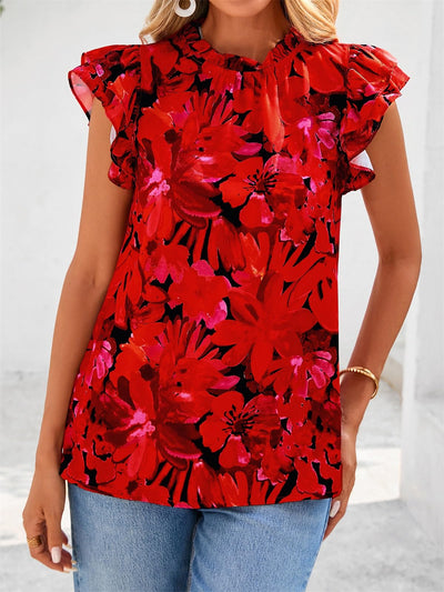 PRETTYGARDEN Women's Ruffle Short Sleeve Summer Tops Trendy Floral Trim Neck Casual Dressy Chiffon Boho Blouses Shirts PRETTYGARDEN