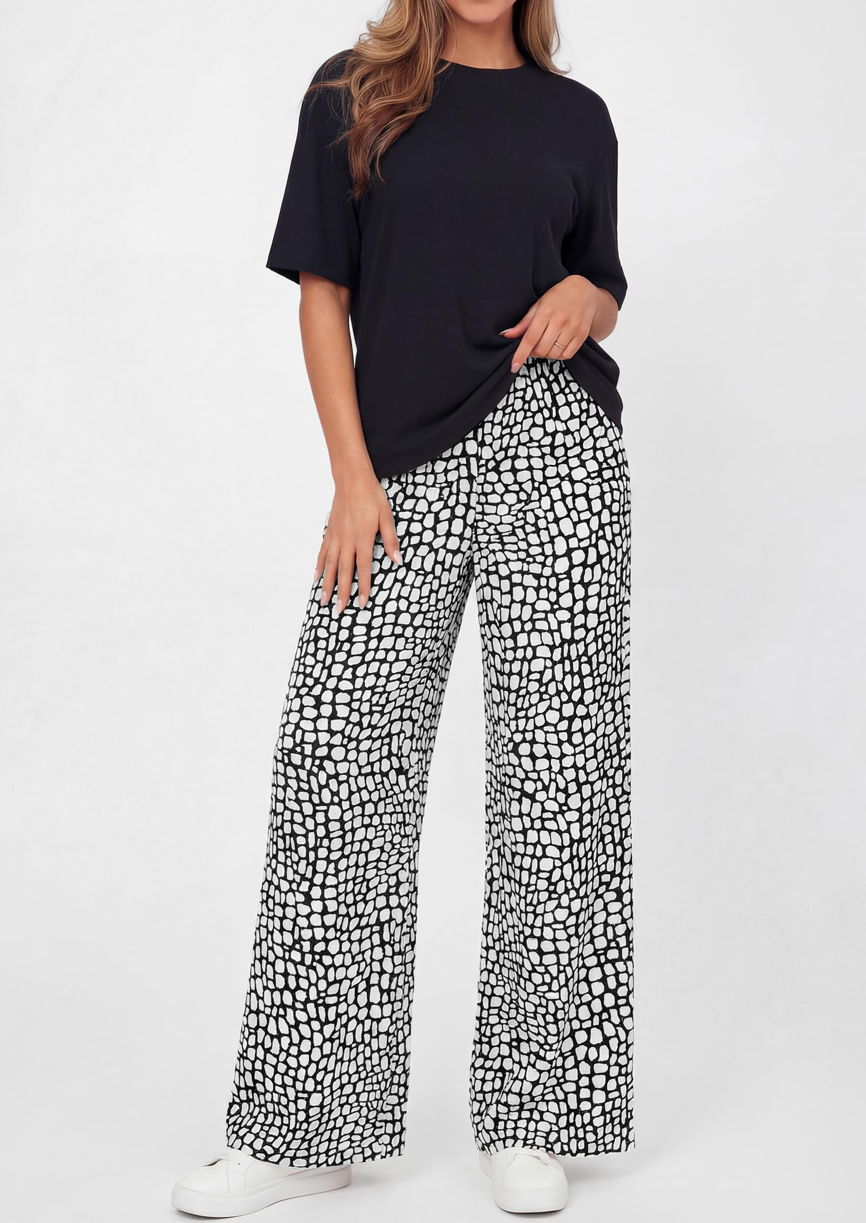 PRETTYGARDEN Women's 2 Piece Lounge Sets Summer Casual Short Sleeve Tops Leopard Flowy Pants Pajamas Vacation Travel Outfits - PRETTYGARDEN