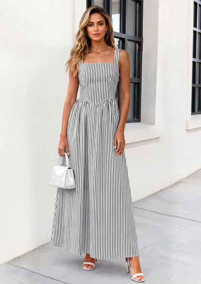 PRETTYGARDEN Women's Maxi Striped Dress Summer Sleeveless Square Neck Smocked A Line Long Flowy Spring Vacation Sundress PRETTYGARDEN