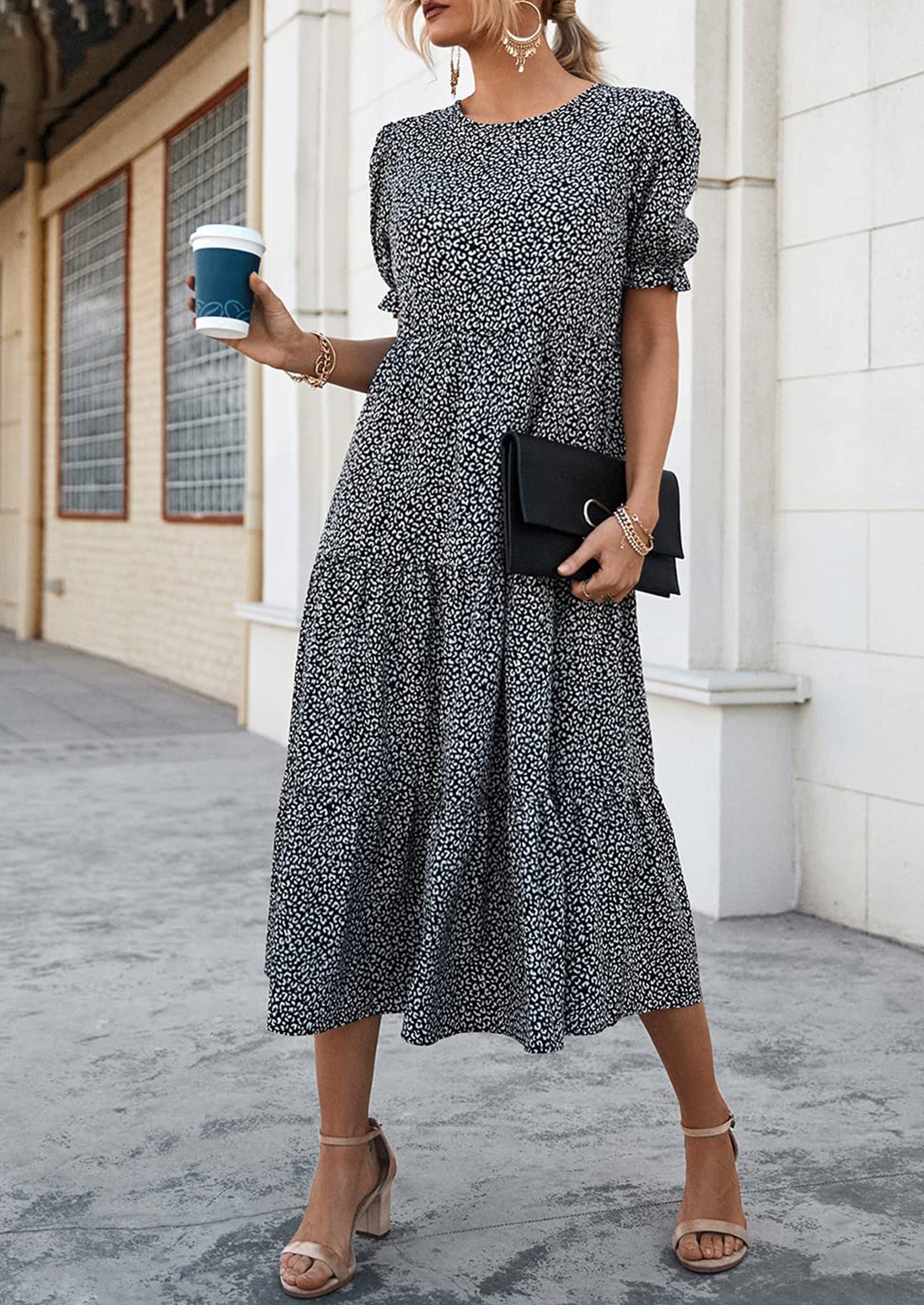 PRETTYGARDEN Women's Summer Casual Floral Boho Dress Puff Short Sleeve Ruffle Flowy Beach Party Midi Dresses