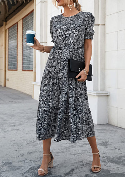 PRETTYGARDEN Women's Summer Casual Floral Boho Dress Puff Short Sleeve Ruffle Flowy Beach Party Midi Dresses