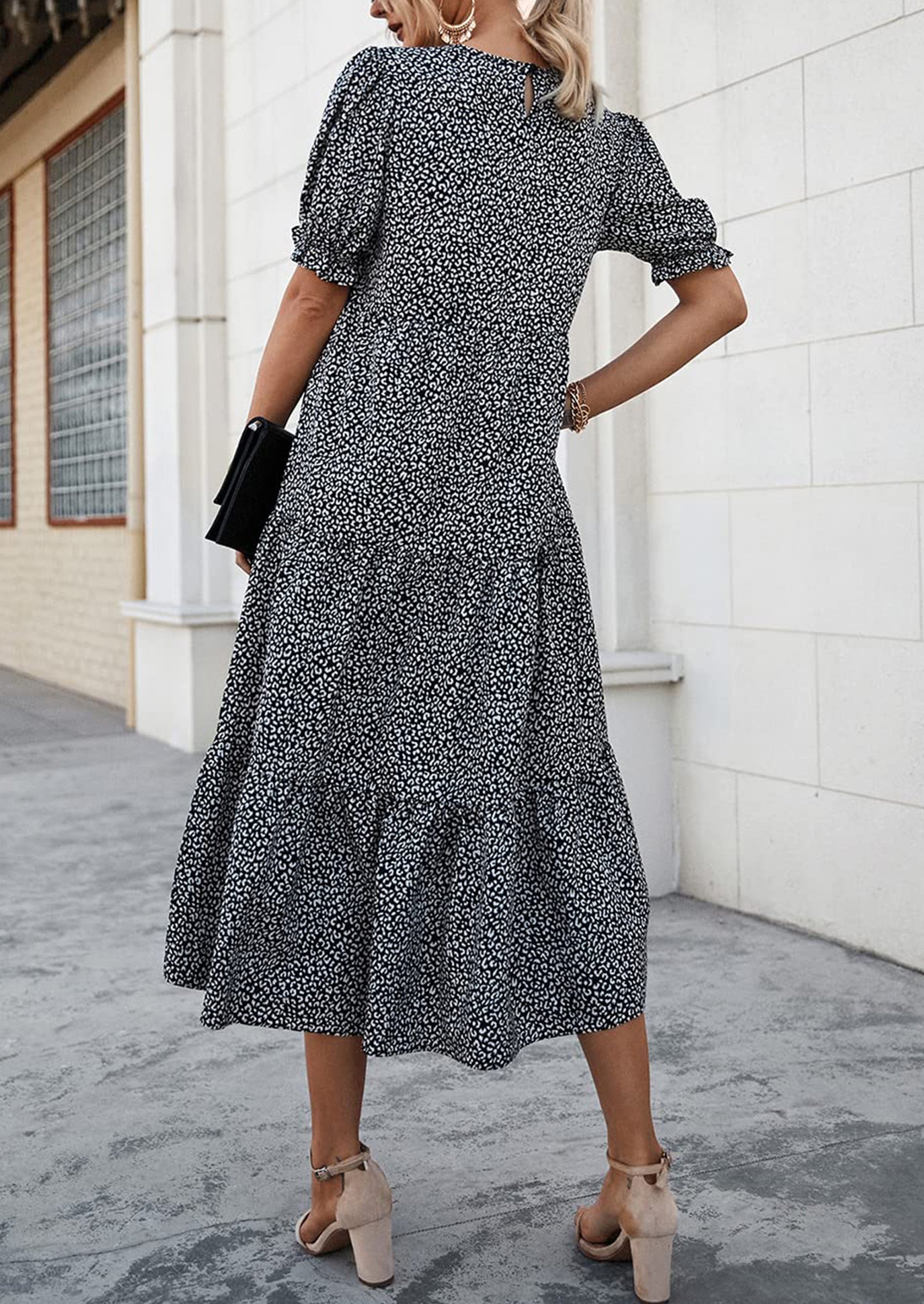 PRETTYGARDEN Women's Summer Casual Floral Boho Dress Puff Short Sleeve Ruffle Flowy Beach Party Midi Dresses