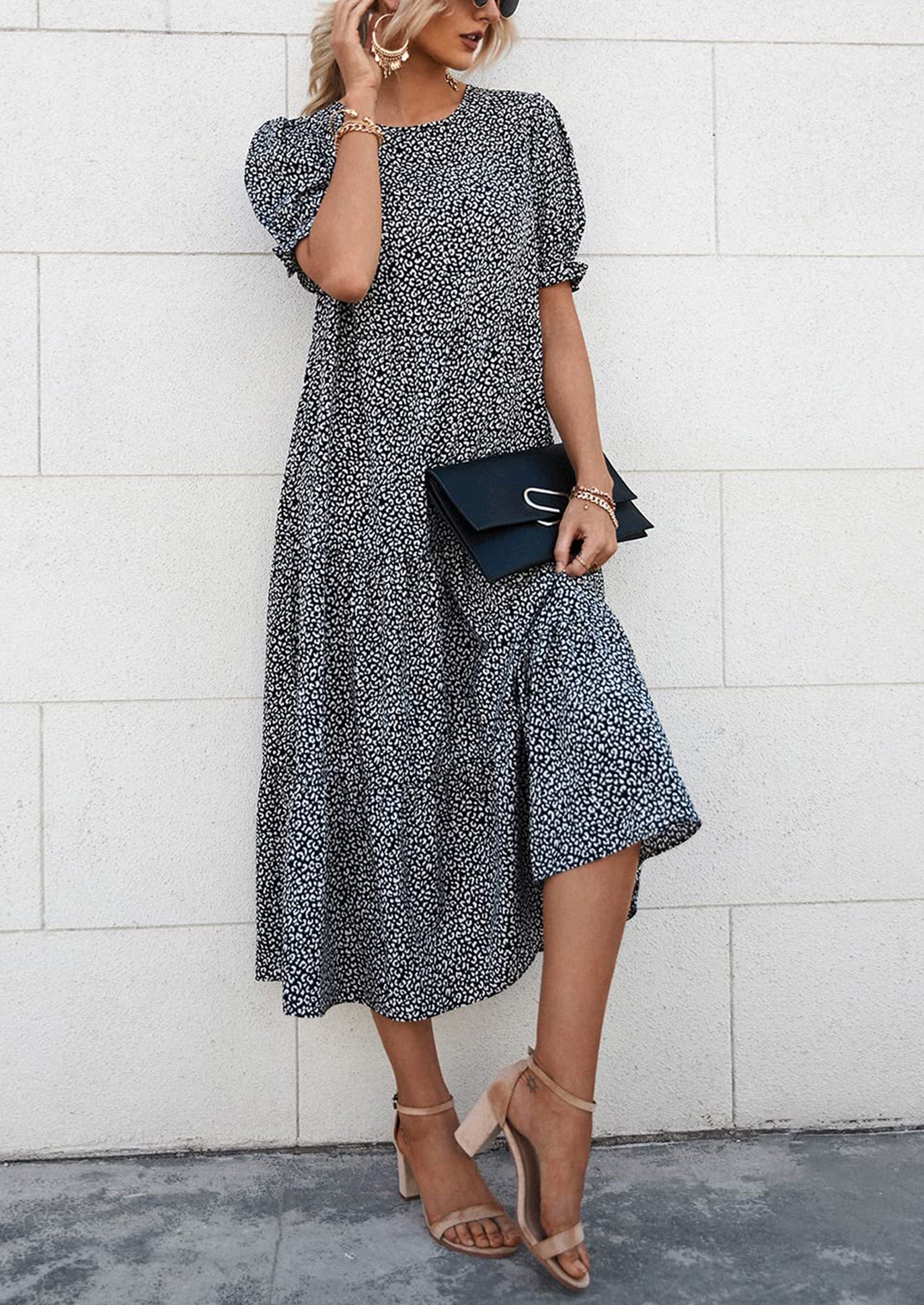 PRETTYGARDEN Women's Summer Casual Floral Boho Dress Puff Short Sleeve Ruffle Flowy Beach Party Midi Dresses