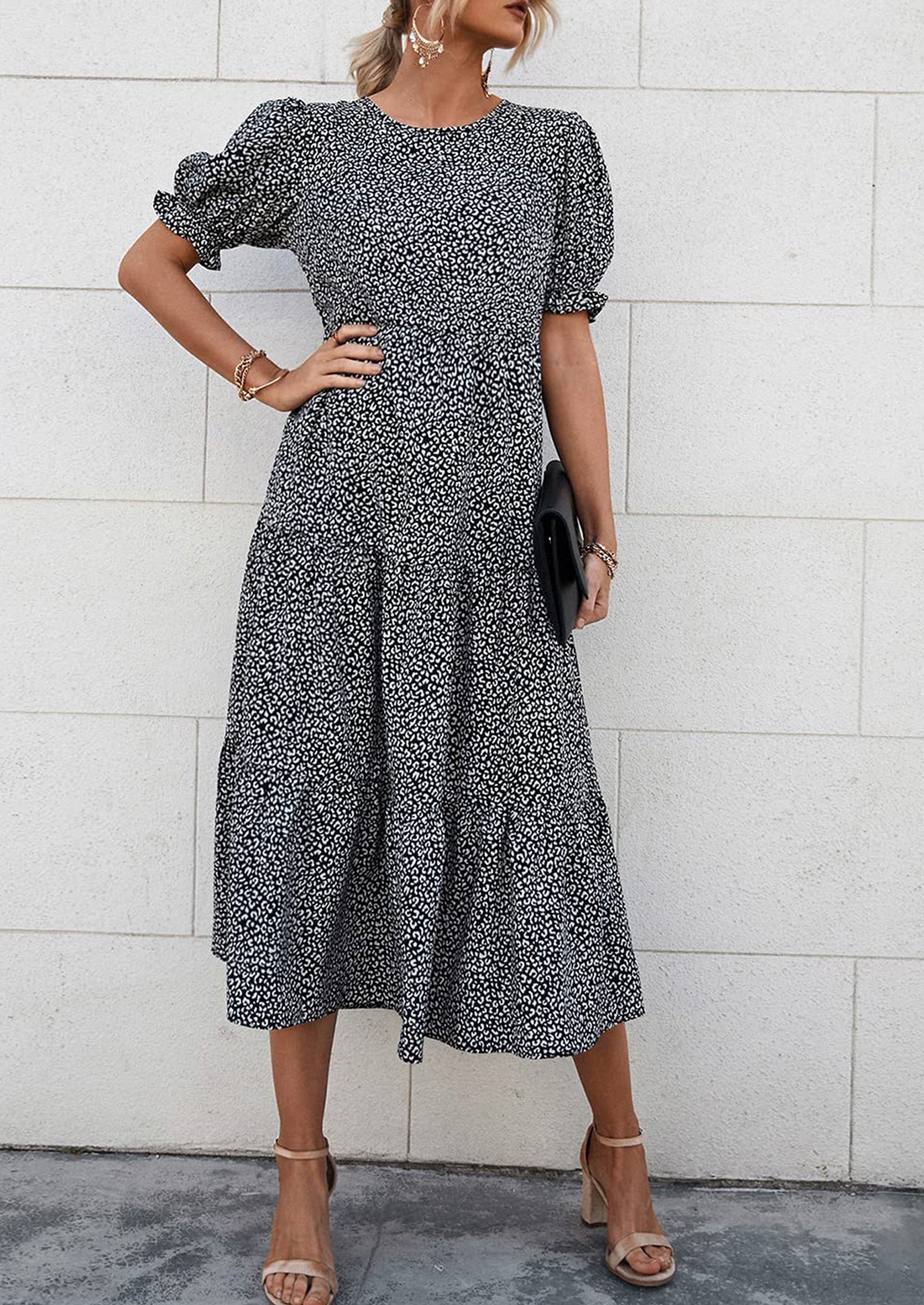 PRETTYGARDEN Women's Summer Casual Floral Boho Dress Puff Short Sleeve Ruffle Flowy Beach Party Midi Dresses