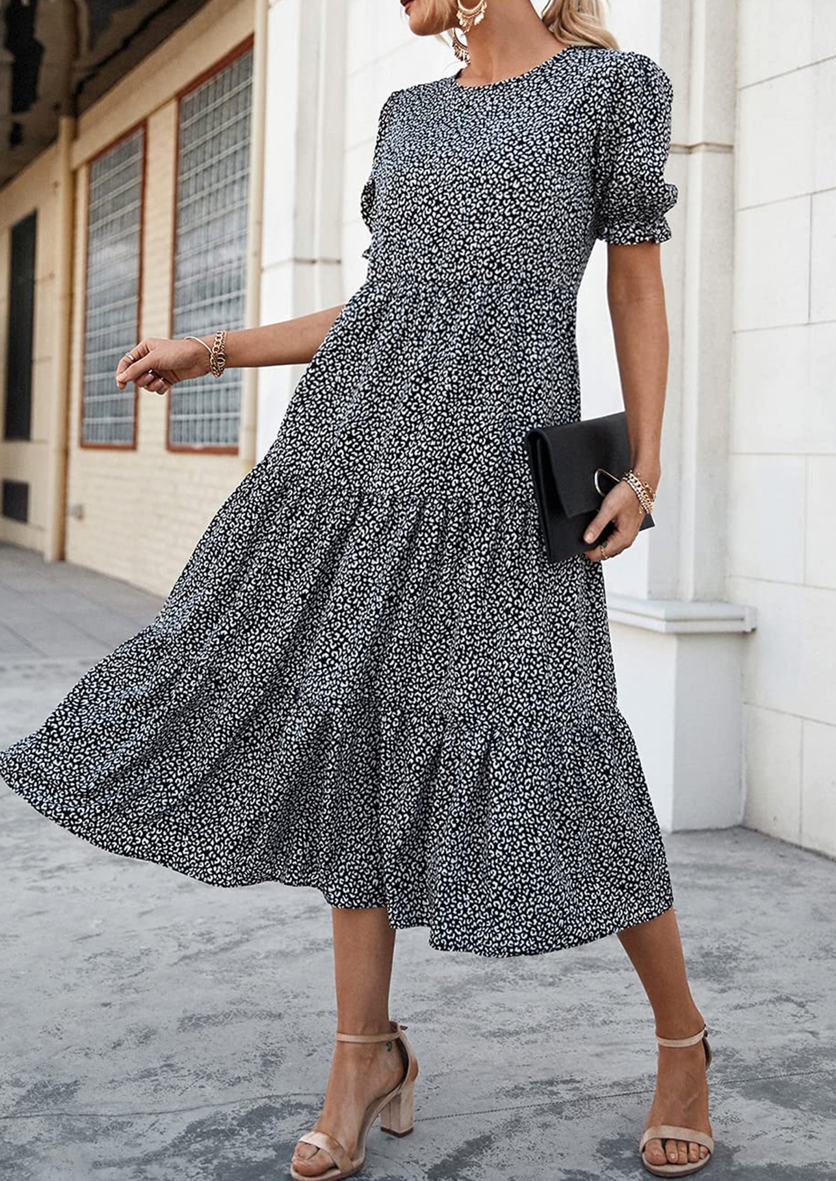 PRETTYGARDEN Women's Summer Casual Floral Boho Dress Puff Short Sleeve Ruffle Flowy Beach Party Midi Dresses