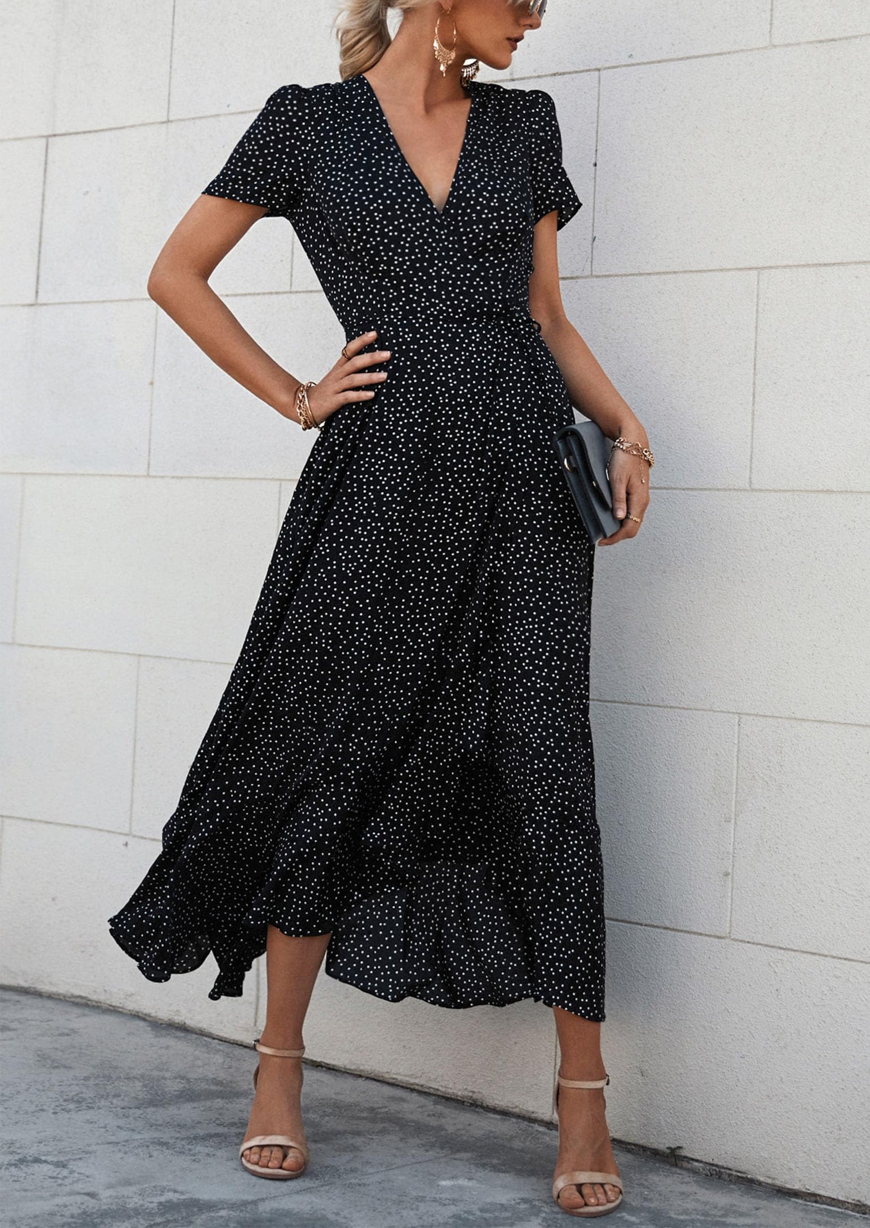 PRETTYGARDEN Women's Summer Maxi Dress Casual Wrap Floral Boho Short Sleeve V Neck Split Ruffle Beach Long Dresses