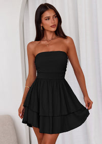 PRETTYGARDEN Women's Summer Strapless Tube Mini Dress Off Shoulder Smocked Ruffle A Line Flowy Short Party Club Dresses