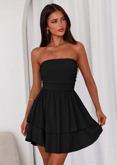 PRETTYGARDEN Women's Summer Strapless Tube Mini Dress Off Shoulder Smocked Ruffle A Line Flowy Short Party Club Dresses