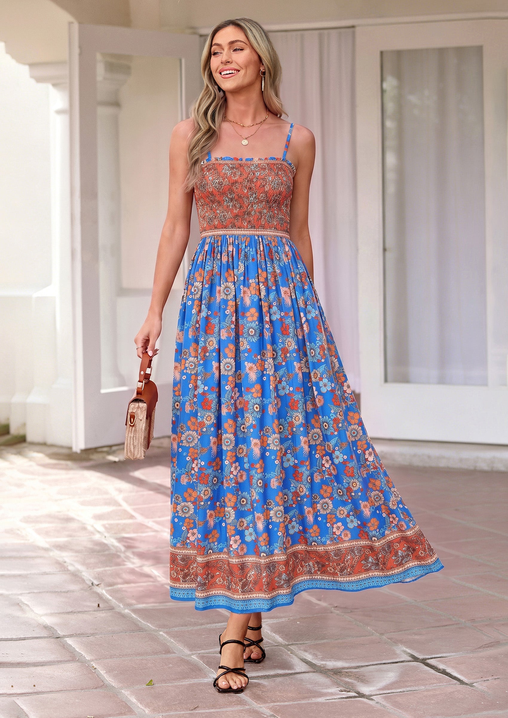 PRETTYGARDEN Womens Floral Maxi Dress Boho Casual Summer Spaghetti Strap Smocked Sleeveless Flowy Beach Vacation Dresses