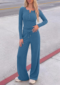 PRETTYGARDEN Two Piece Lounge Sets for Women Fall Fashion,Long Sleeve Henley,High Waisted Wide Leg Pants,Matching Holiday Vacation,Airport Travel Outfits
