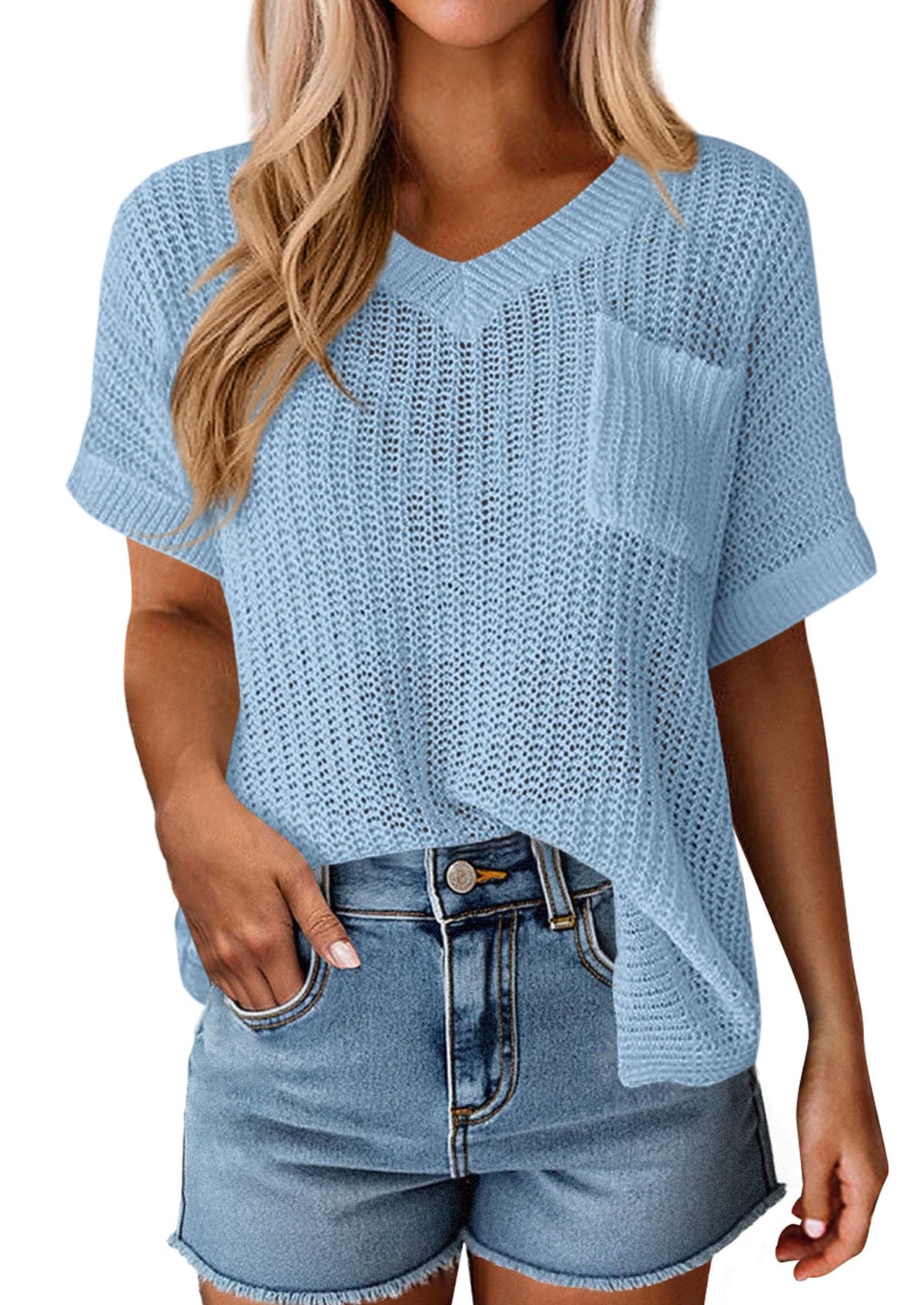 PRETTYGARDEN Women's Spring Short Sleeve Sweaters Lightweight V Neck Casual Going Out Summer T PRETTYGARDEN