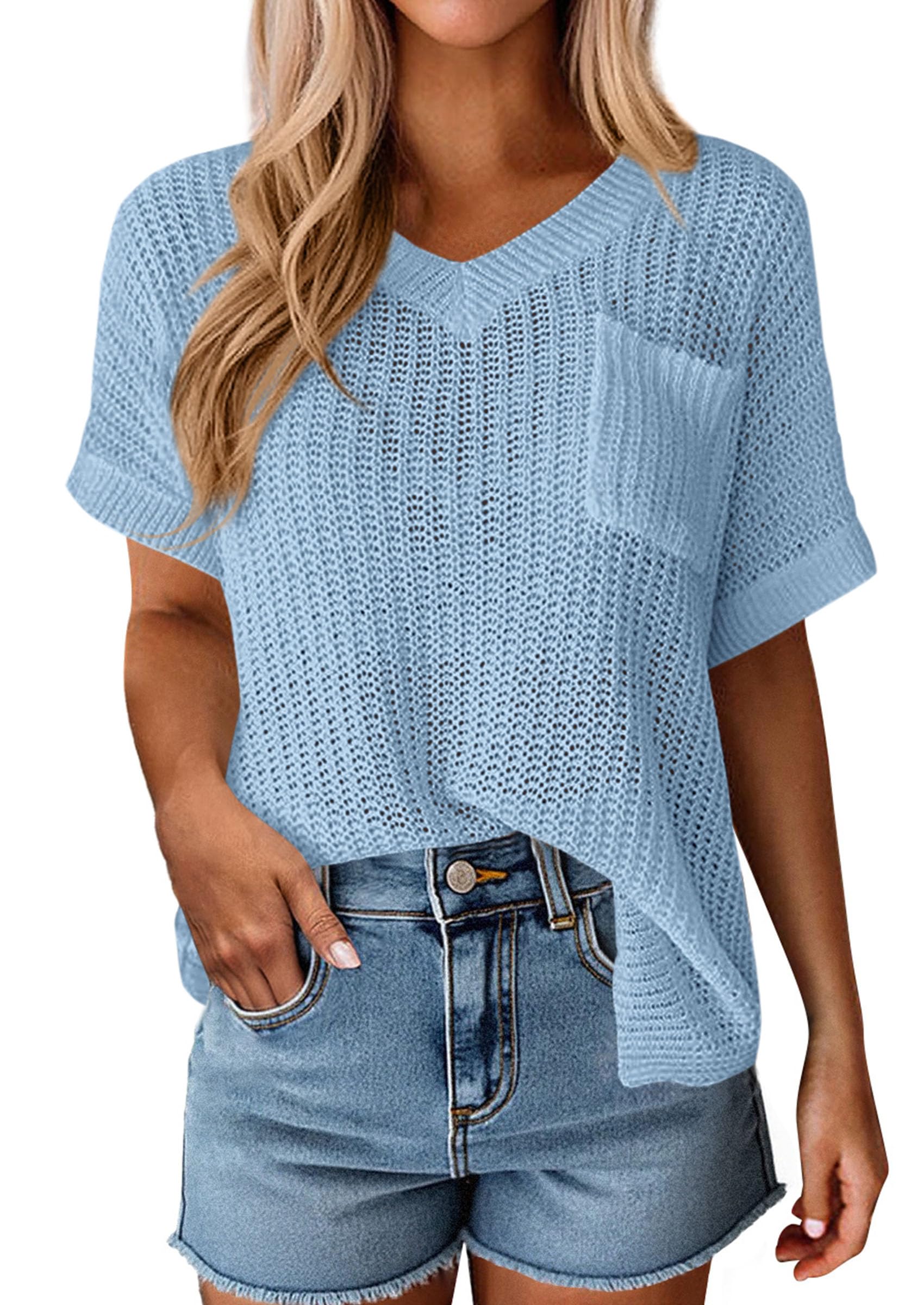 PRETTYGARDEN Women's Spring Short Sleeve Sweaters Lightweight V Neck Casual Going Out Summer T PRETTYGARDEN