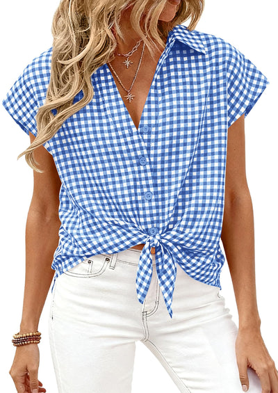 PRETTYGARDEN Womens Button Dwon Shirts V Neck Short Cap Sleeve Collared Plaid Tops Summer Spring Casual Blouses Clothes PRETTYGARDEN