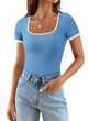 Summer Casual Short Sleeve Ribbed Knit Square Neck Color Block Slim Fit Basic Crop Tops