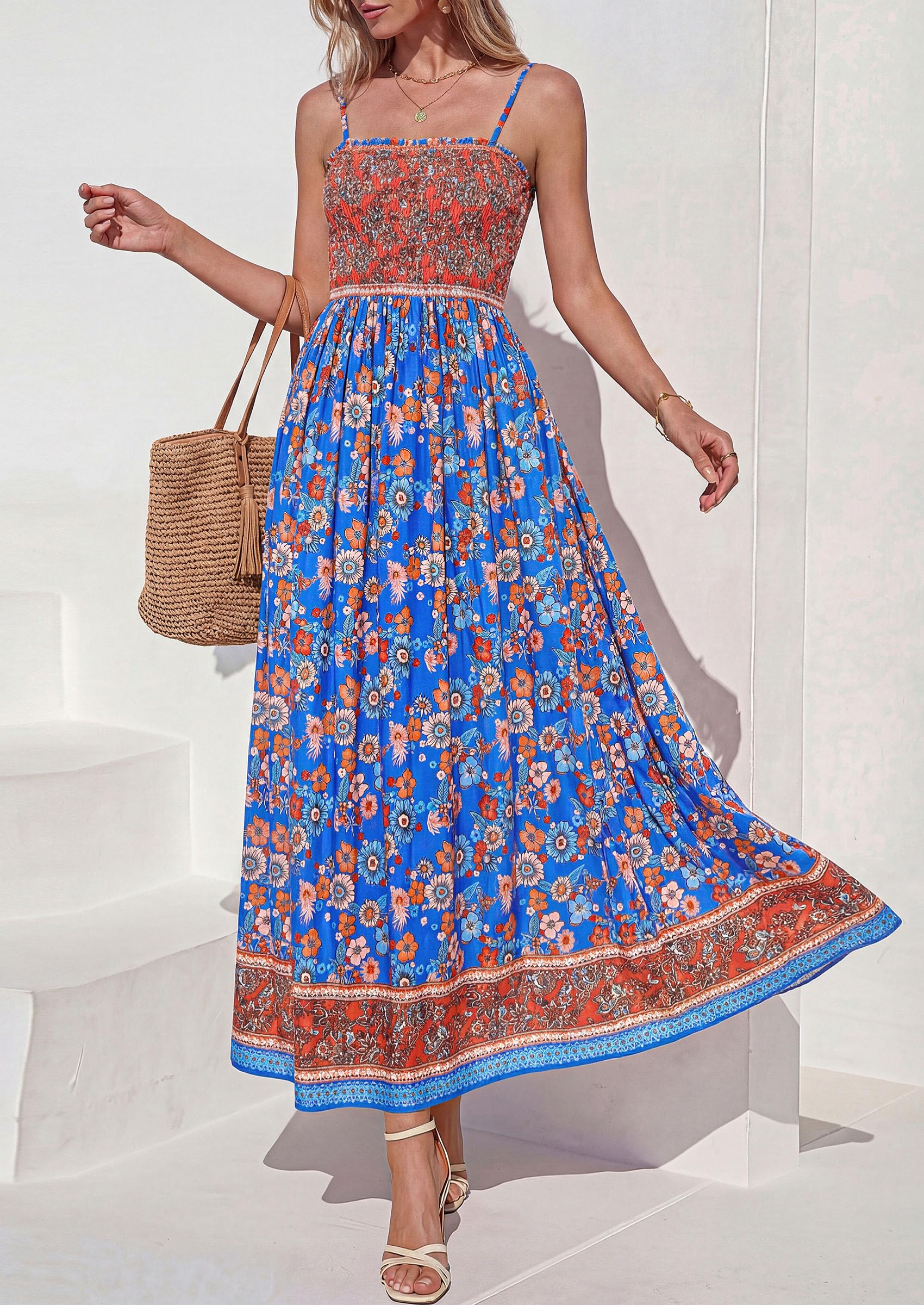 PRETTYGARDEN Womens Floral Maxi Dress Boho Casual Summer Spaghetti Strap Smocked Sleeveless Flowy Beach Vacation Dresses
