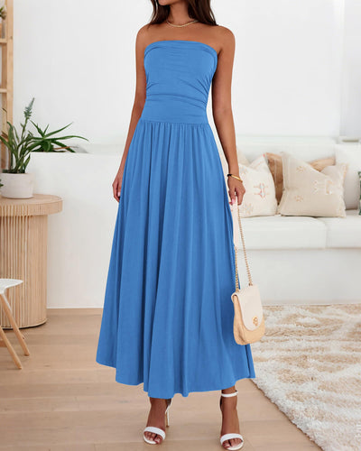 BTFBM Summer Maxi Dresses for Women Strapless Ruched Tube Top Beach Vacation Spring Wedding Guest Dress Pockets PRETTYGARDEN