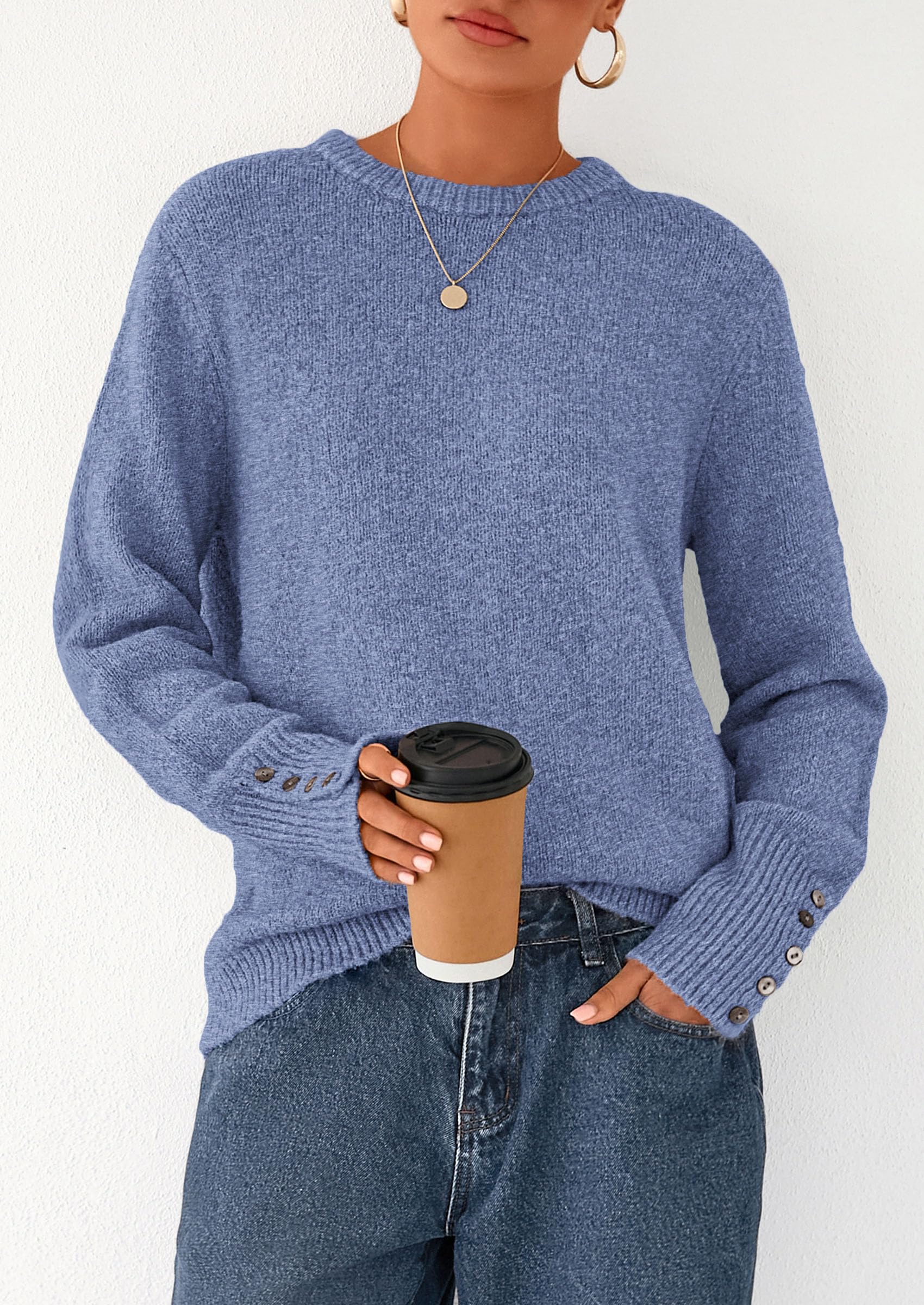 PRETTYGARDEN Womens Sweaters Fall Fashion Casual Crewneck Pullover Button Long Sleeve Cute Knit Tops Winter Clothes