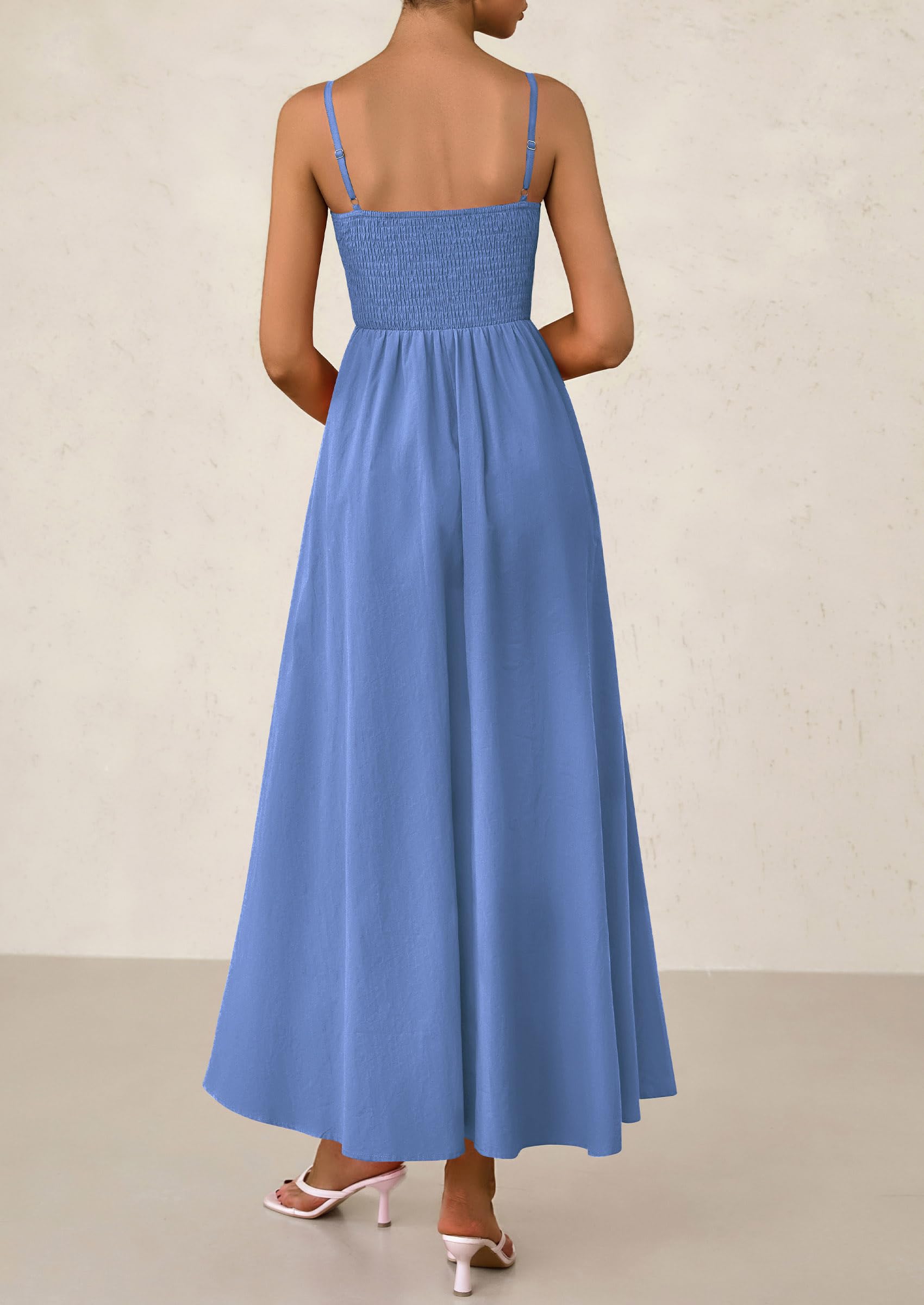 PRETTYGARDEN Women's Smocked Maxi Dresses Beach Sundress Casual Spaghetti Strap Swing A Line Long Flowy Dress