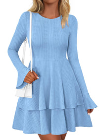 PRETTYGARDEN Womens Spring Fashion Long Bell Sleeve Mini Sweater Dress Casual Crewneck A Line Knit Short Cocktail Dresses - PRETTYGARDEN