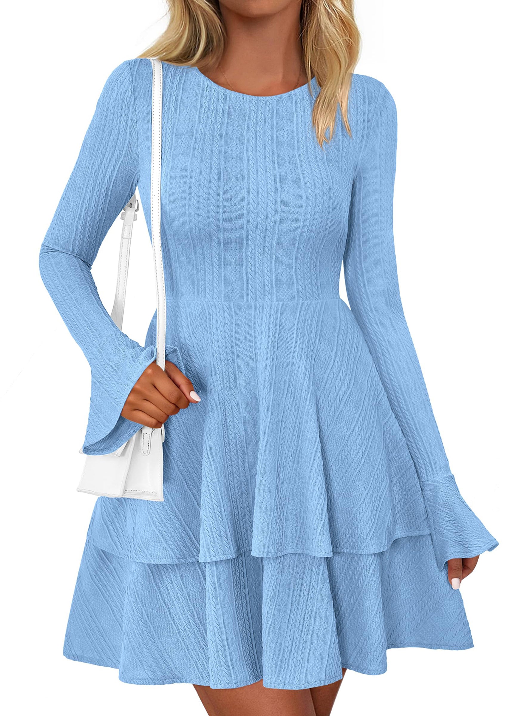 PRETTYGARDEN Womens Spring Fashion Long Bell Sleeve Mini Sweater Dress Casual Crewneck A Line Knit Short Cocktail Dresses - PRETTYGARDEN