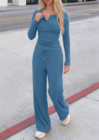 PRETTYGARDEN Two Piece Lounge Sets for Women Fall Fashion,Long Sleeve Henley,High Waisted Wide Leg Pants,Matching Holiday Vacation,Airport Travel Outfits