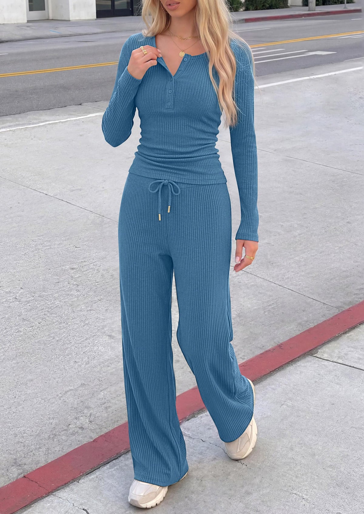 PRETTYGARDEN Two Piece Lounge Sets for Women Fall Fashion,Long Sleeve Henley,High Waisted Wide Leg Pants,Matching Holiday Vacation,Airport Travel Outfits