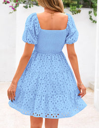 Womens Summer Puff Sleeve Mini Dress Off Shoulder Eyelet Smocked A Line Casual Babydoll Short Dresses