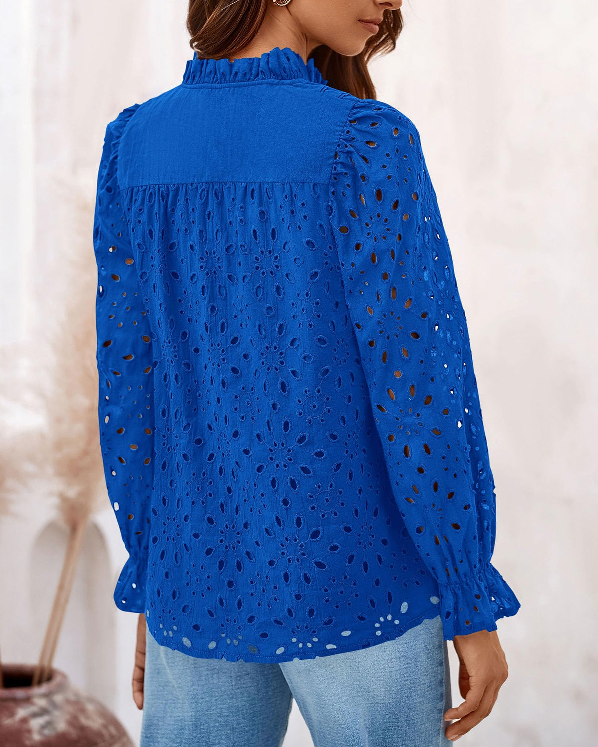 Women's Dressy Casual Blouse Tops Puff Long Sleeve Button V Neck Hollow Out Lace Embroidered Pullover Shirts