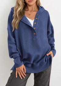 PRETTYGARDEN Womens Fashion Oversized Long Sleeve Hoodie Button Down V Neck Sweatshirt Side Slit Casual Pullover Tops