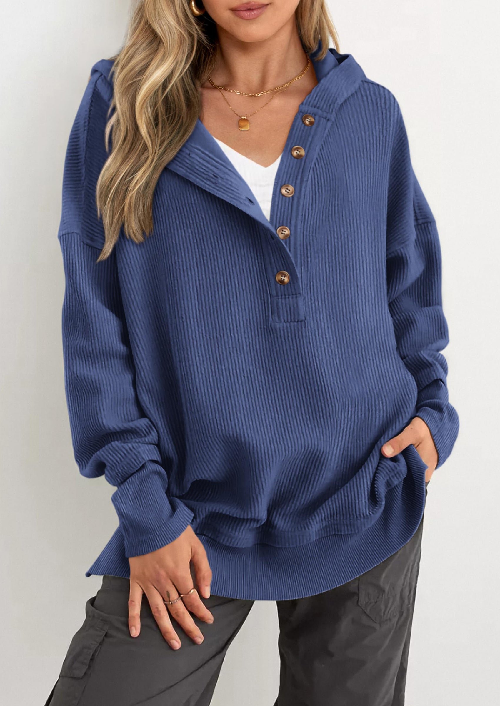 PRETTYGARDEN Womens Fashion Oversized Long Sleeve Hoodie Button Down V Neck Sweatshirt Side Slit Casual Pullover Tops