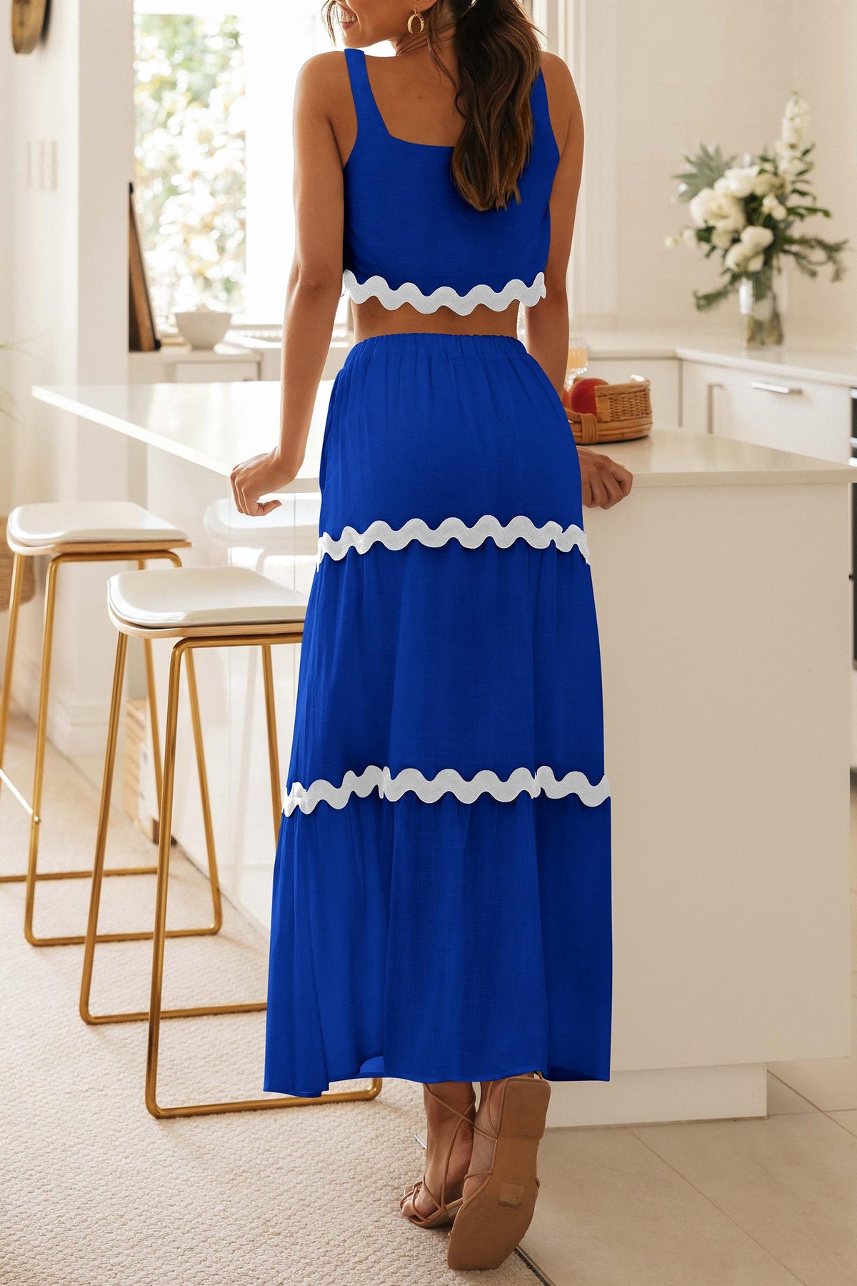 2 Piece Summer Casual Sleeveless Cropped Tank Top High Waisted Maxi Skirt Set