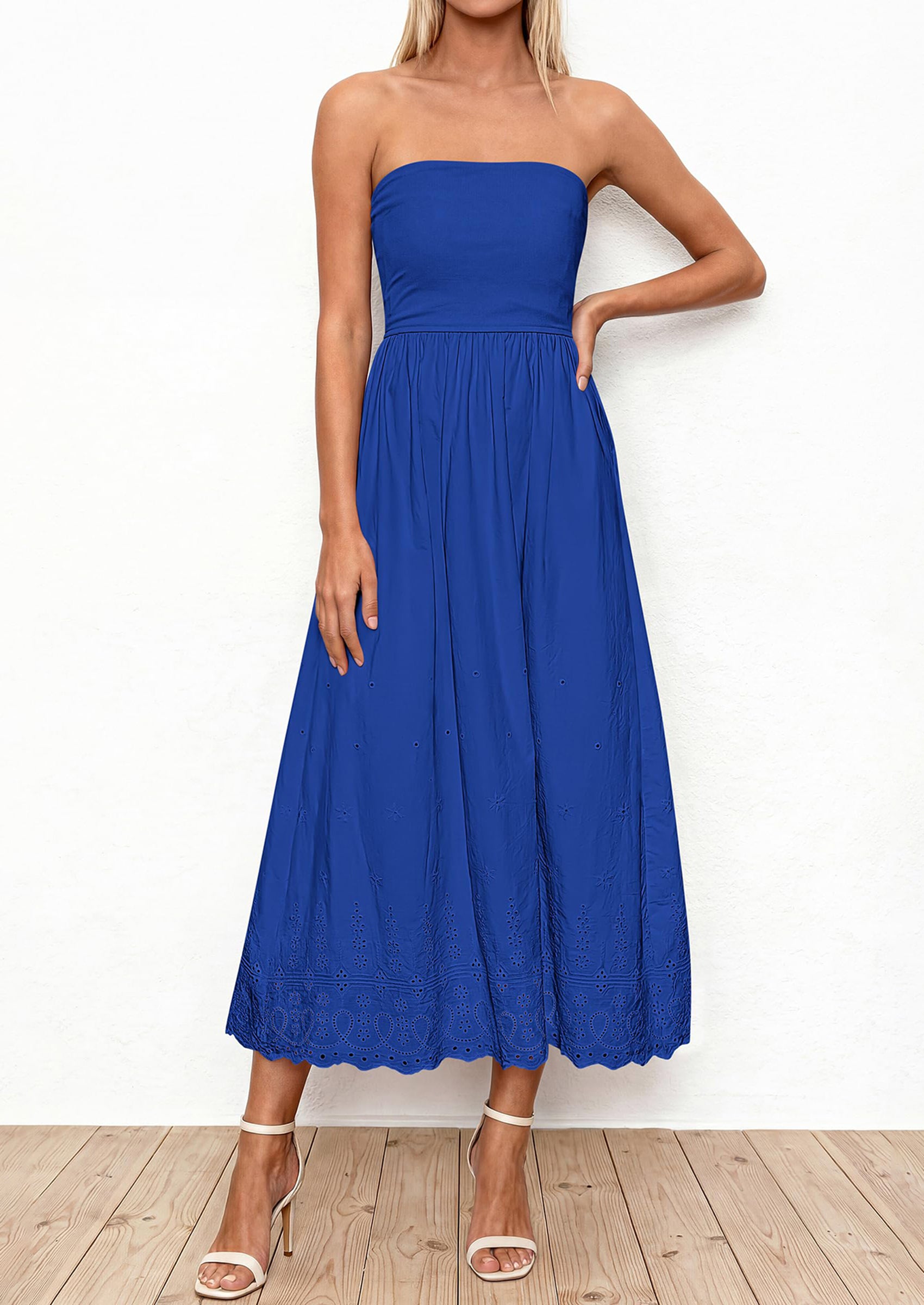 PRETTYGARDEN Womens Summer Dresses Sexy Sleeveless Tube Top Long Dress Eyelet Cotton Maxi Beach Sundress Pockets