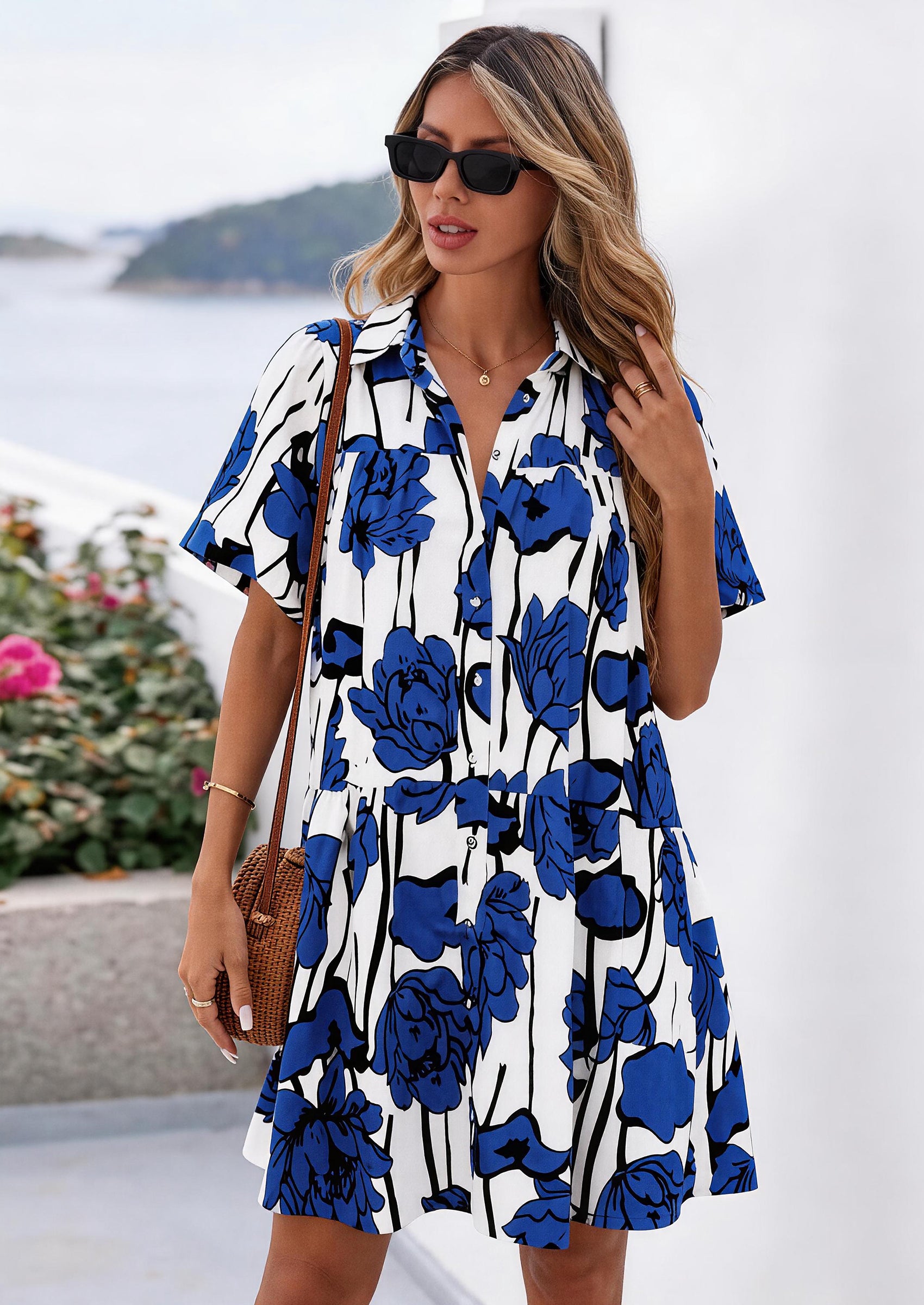 PRETTYGARDEN Womens Summer Dresses Casual Puff Sleeve Button Down Mini Shirt Dress Boho Floral Babydoll Sun Dress