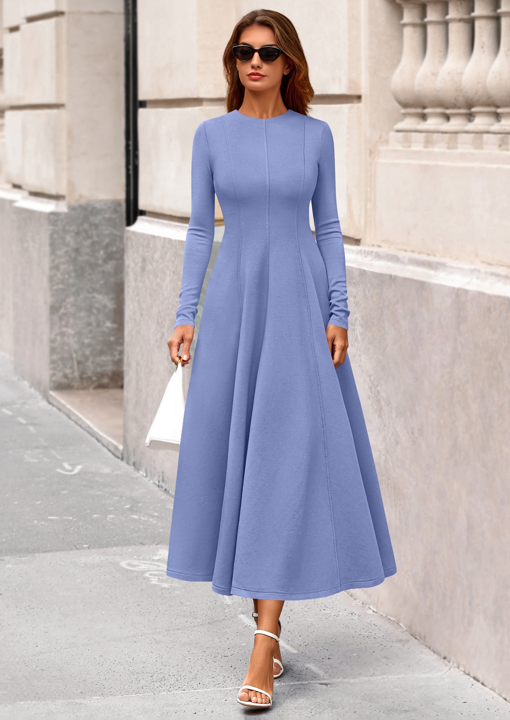 PRETTYGARDEN Women's Fall Long Sleeve Midi Dress Casual Elegant Ruffle Flowy A Line Swing Cocktail Party Dresses