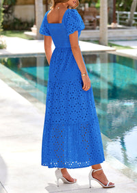 PRETTYGARDEN Dresses for Women Eyelet Square Neck Puff Sleeve Smocked Wedding Guest Maxi Dress with Pockets