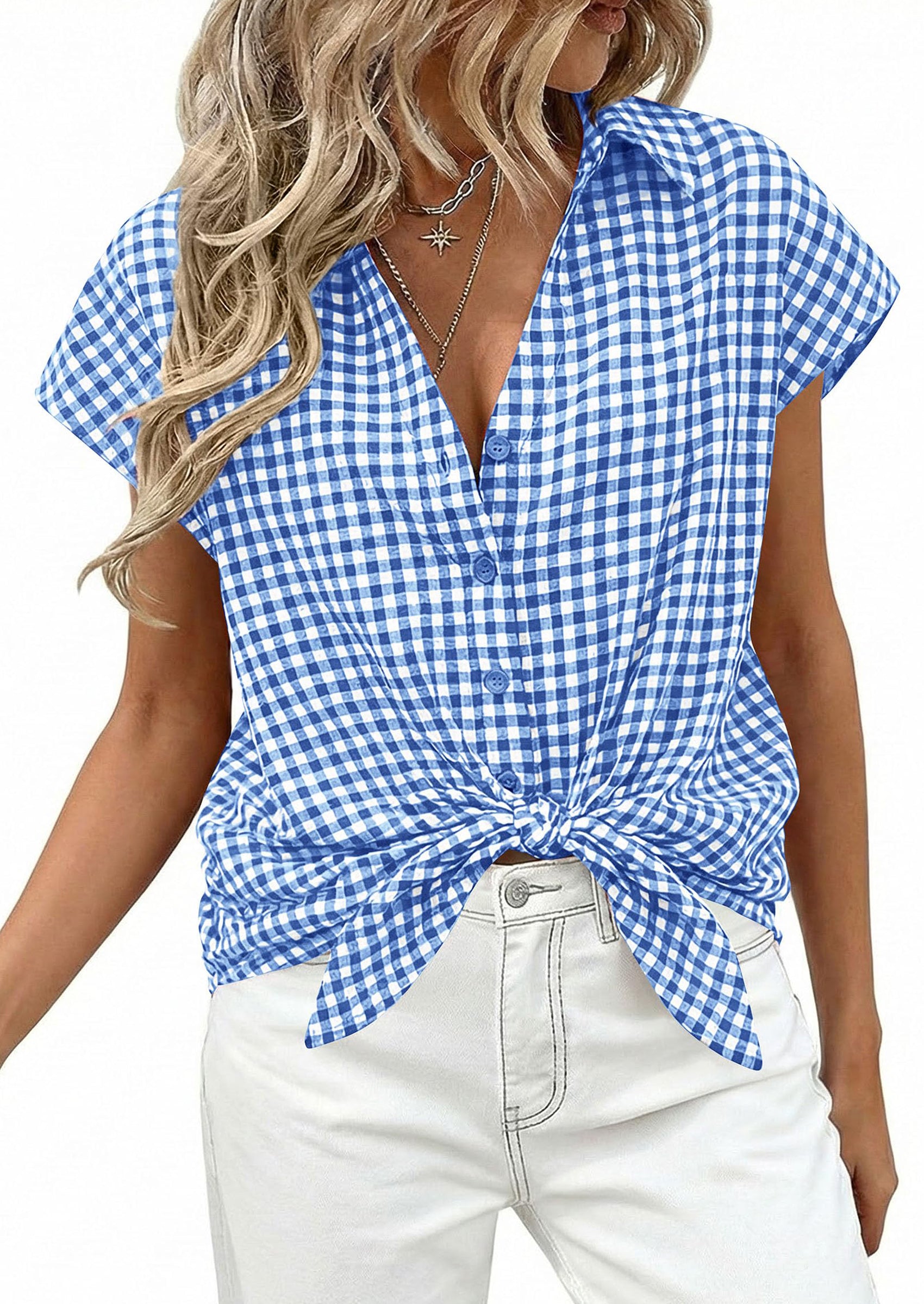 PRETTYGARDEN Womens Button Dwon Shirts V Neck Short Cap Sleeve Collared Plaid Tops Summer Spring Casual Blouses Clothes PRETTYGARDEN