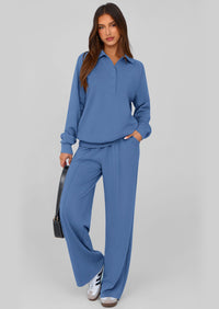 PRETTYGARDEN Women Fall 2 Piece Outfits Sweatsuits Quarter Button Long Sleeve Sweatshirt Wide Leg Pants Tracksuit Lounge Sets