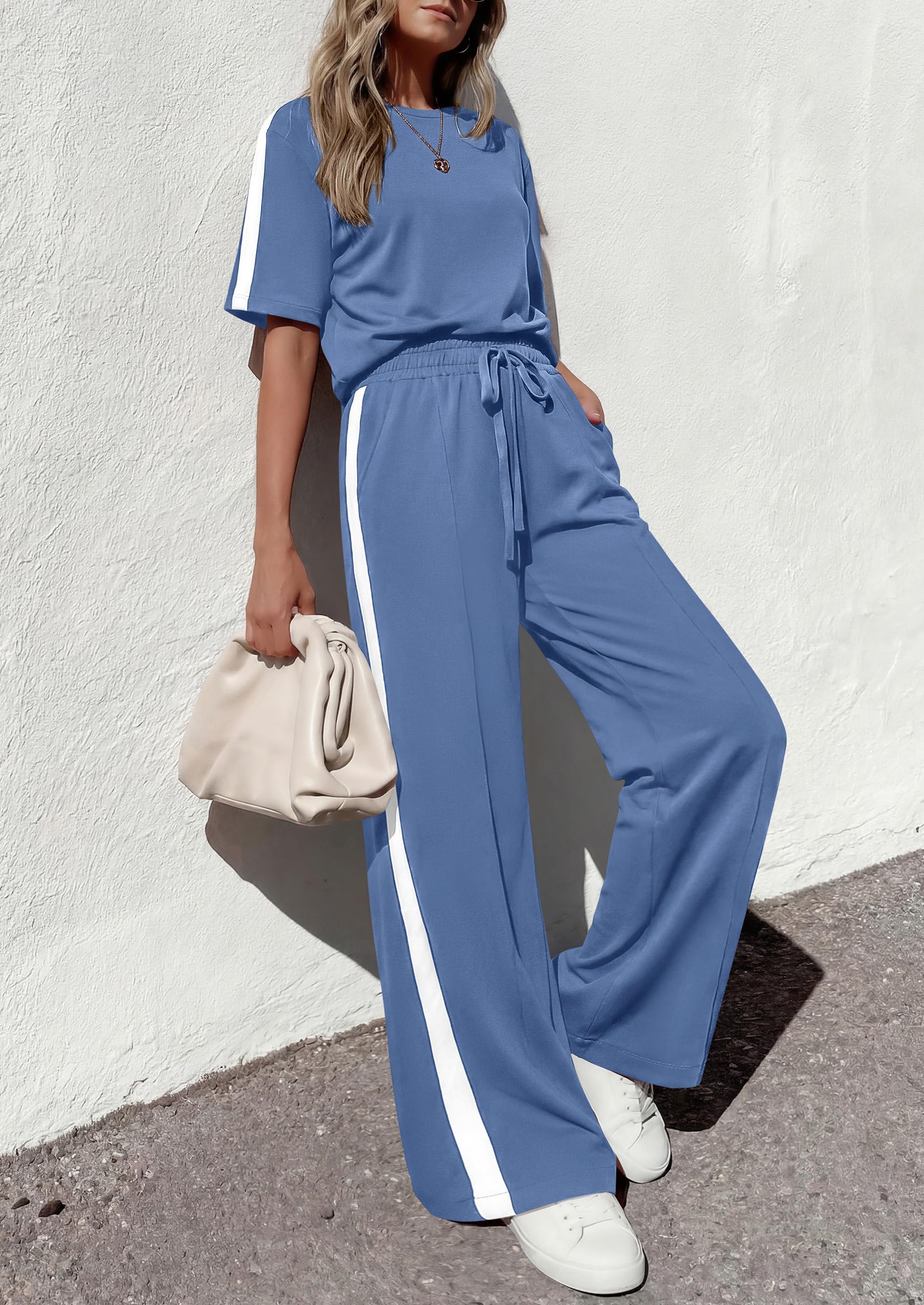 PRETTYGARDEN Women's 2 Piece Sets Summer Casual Short Sleeve Tops Wide Leg Pants Matching Lounge Set Vacation Travel Outfits PRETTYGARDEN