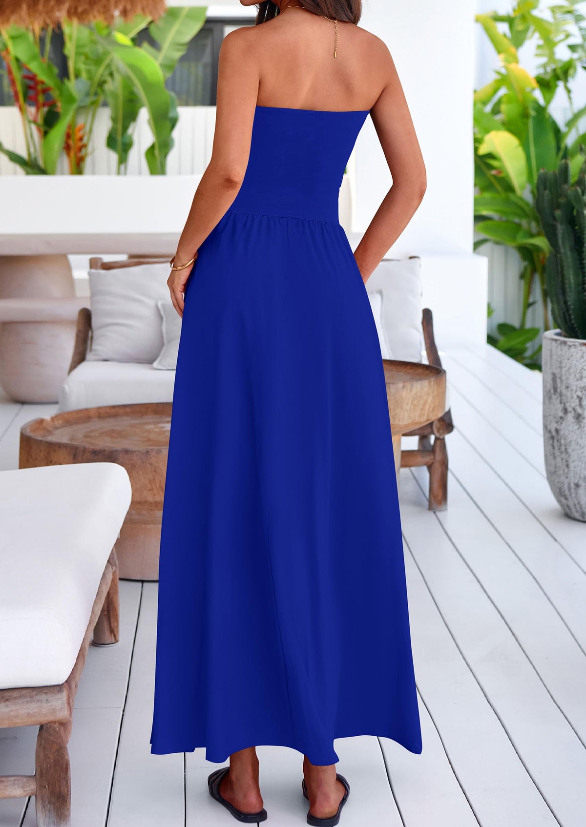 Women's 2025 Summer Strapless Maxi Dresses Patchwork Long Flowy Elegant Going Out Tube Top Dress with Pockets