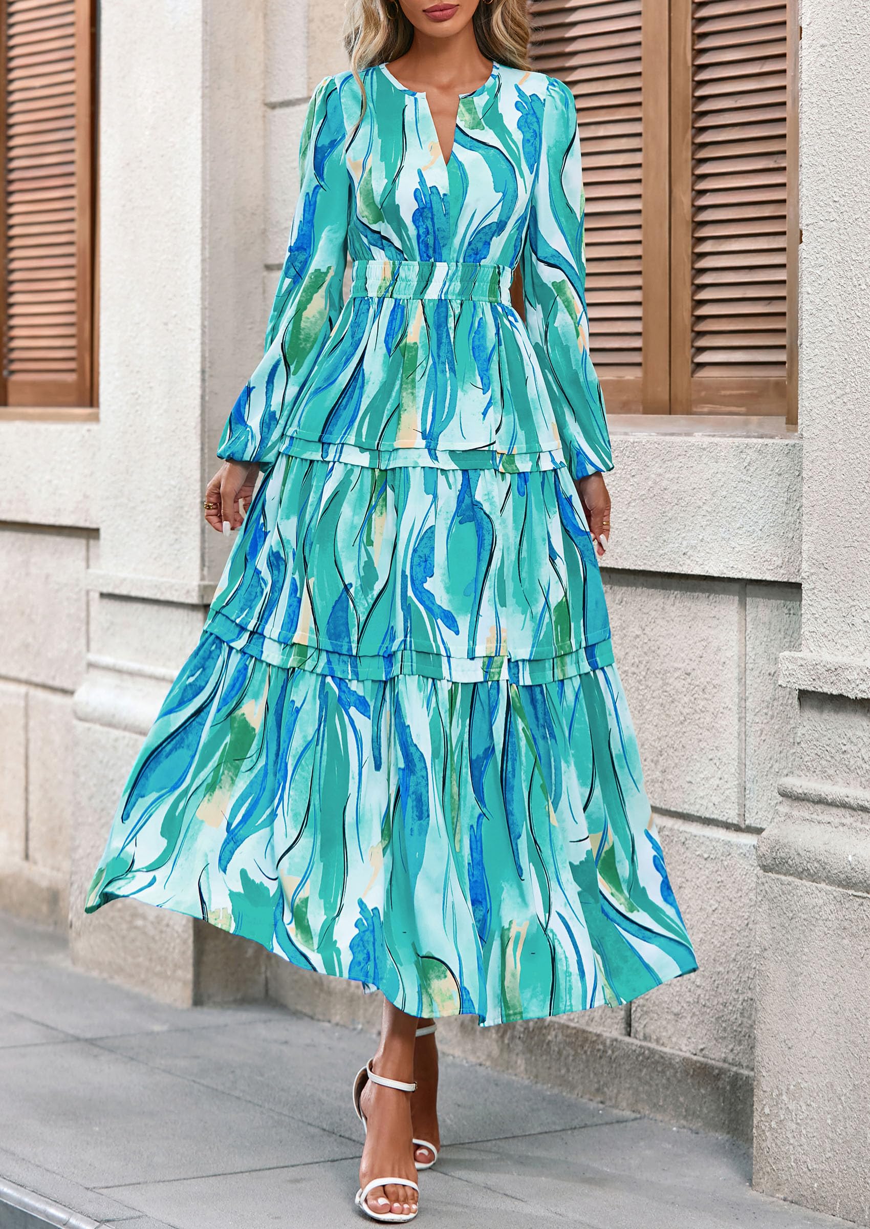 PRETTYGARDEN Women's Fall Boho Maxi Dresses Floral Long Sleeve V Neck Flowy Elegant Wedding Guest Dress Vacation Outfits