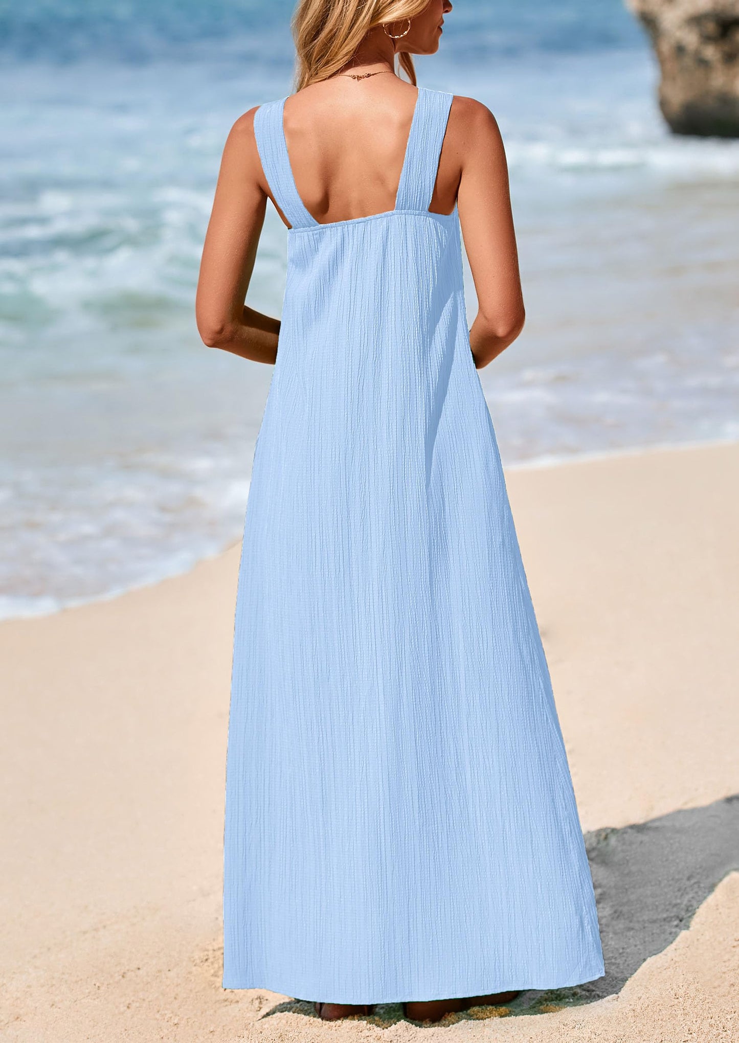 Womens 2025 Casual Long Summer Dresses Sleeveless Strappy Loose Flowy Beach Vacation Maxi Dress with Pockets