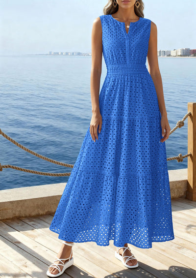 PRETTYGARDEN Summer Dresses for Women Sundresses Sleeveless V Neck Eyelet A Line Flowy Beach Vacation Spring Maxi Dress PRETTYGARDEN