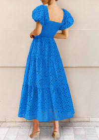 Summer Dresses for Women 2025 Eyelet Square Neck Puff Sleeve Smocked Wedding Guest Maxi Dress with Pockets