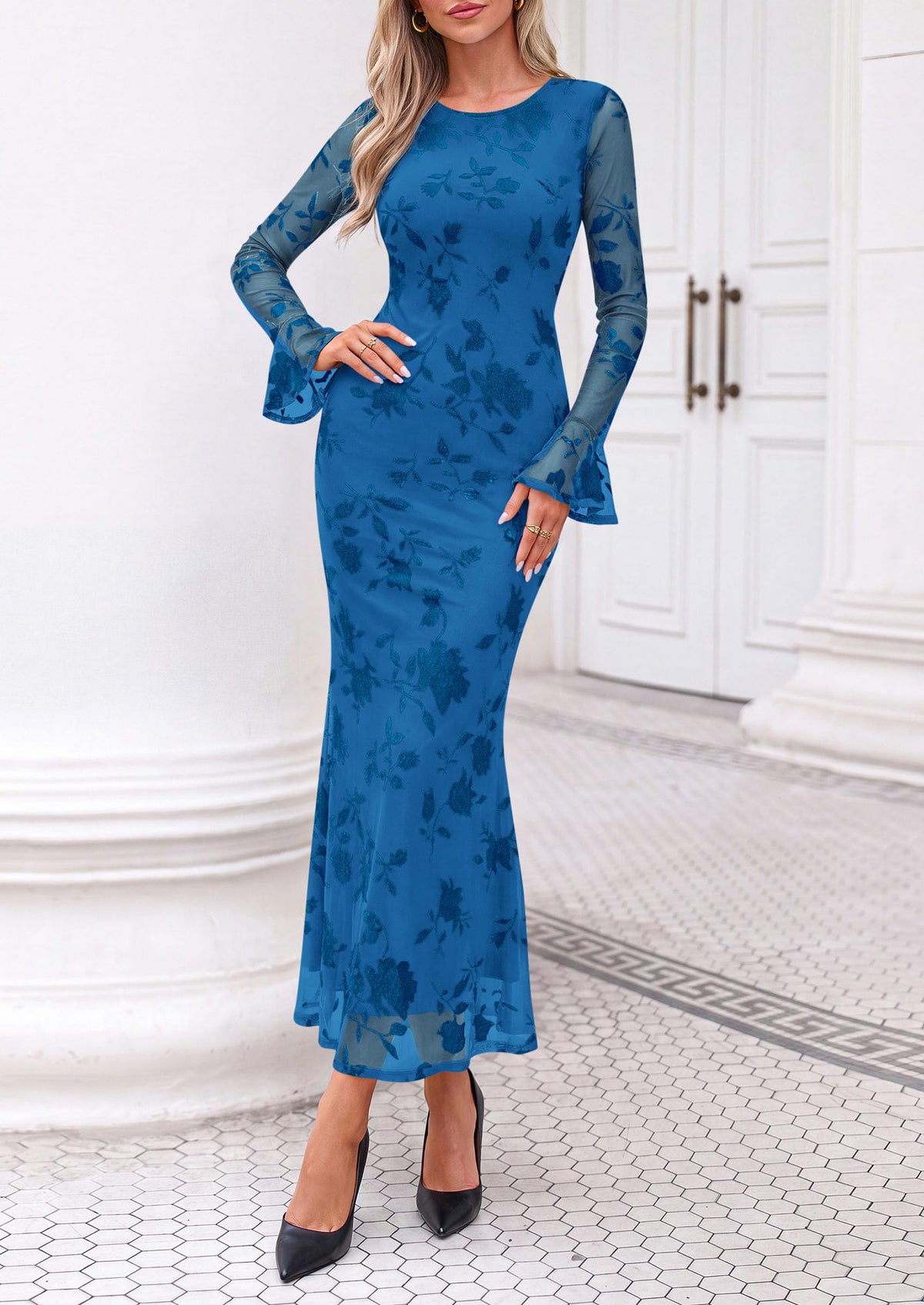 PRETTYGARDEN Women's Long Sleeve Maxi Floral Mesh Fall Wedding Guest Dress