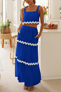 2 Piece Summer Casual Sleeveless Cropped Tank Top High Waisted Maxi Skirt Set