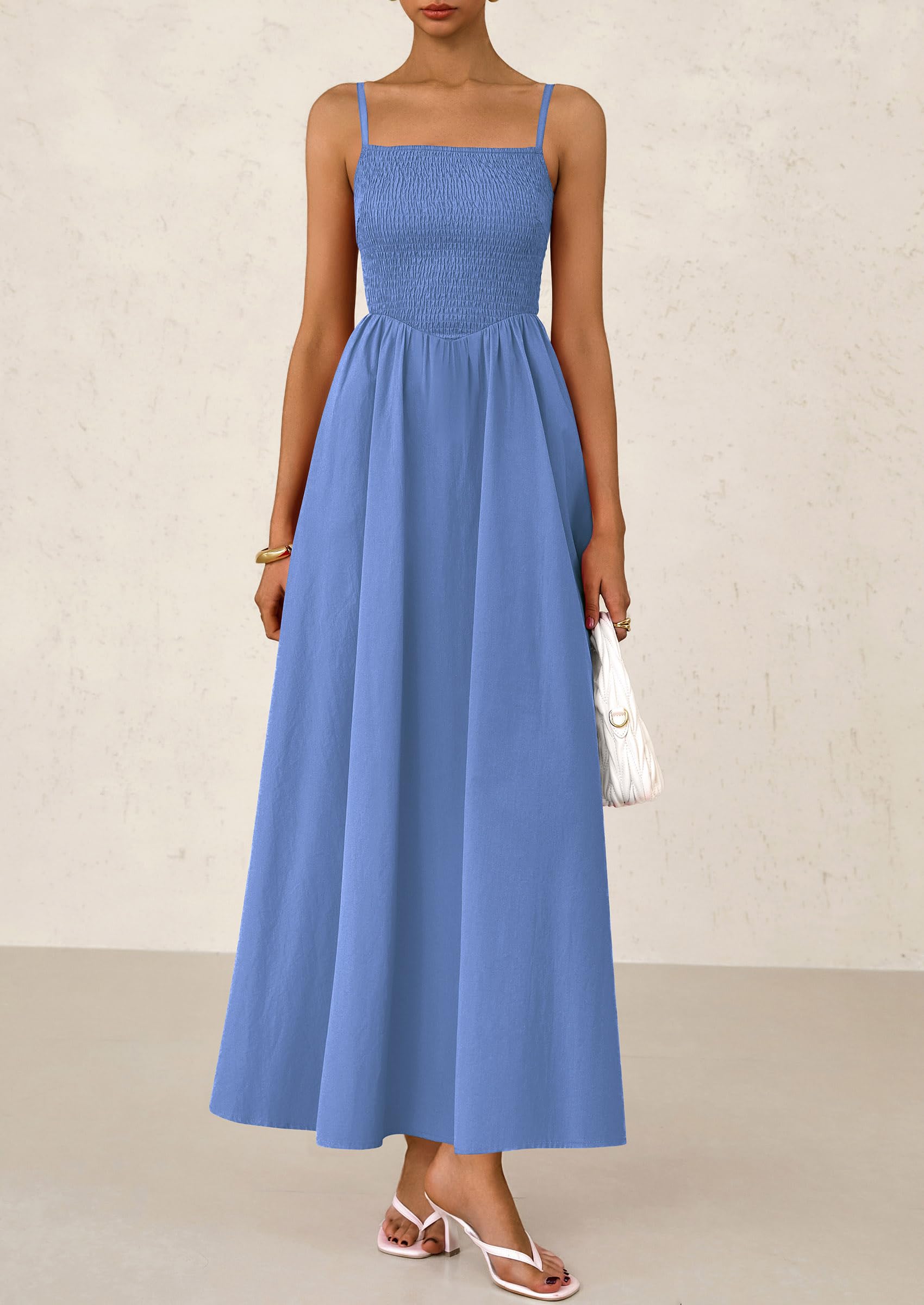 PRETTYGARDEN Women's Smocked Maxi Dresses Beach Sundress Casual Spaghetti Strap Swing A Line Long Flowy Dress