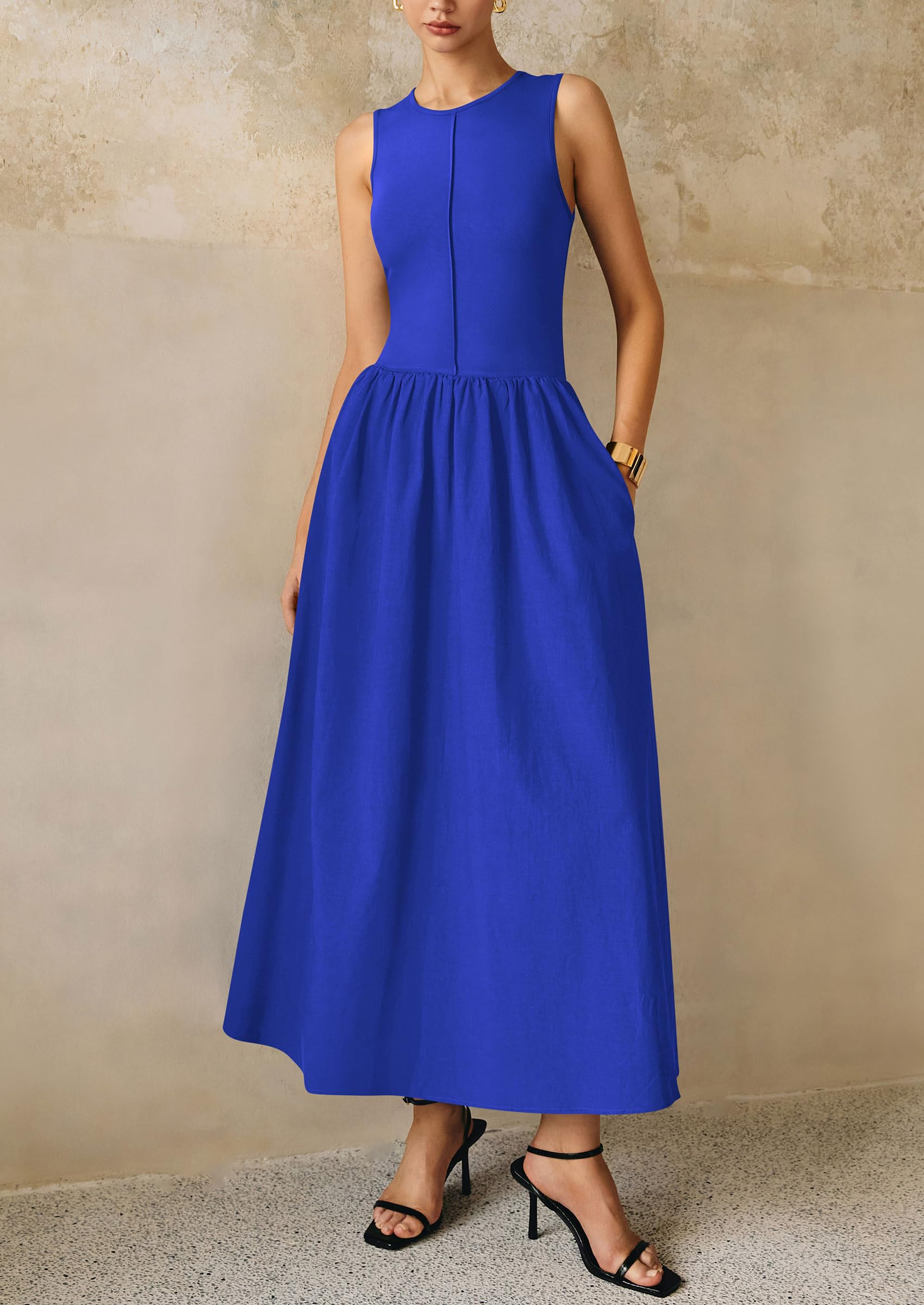 PRETTYGARDEN Women Maxi Dresses Casual Sleeveless Patchwork Knit Tank Dress Flowy Beach Sundress Long Dress