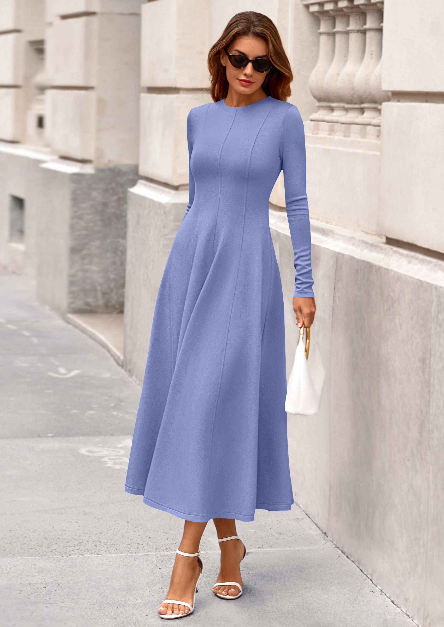 PRETTYGARDEN Women's Fall Long Sleeve Midi Dress Casual Elegant Ruffle Flowy A Line Swing Cocktail Party Dresses